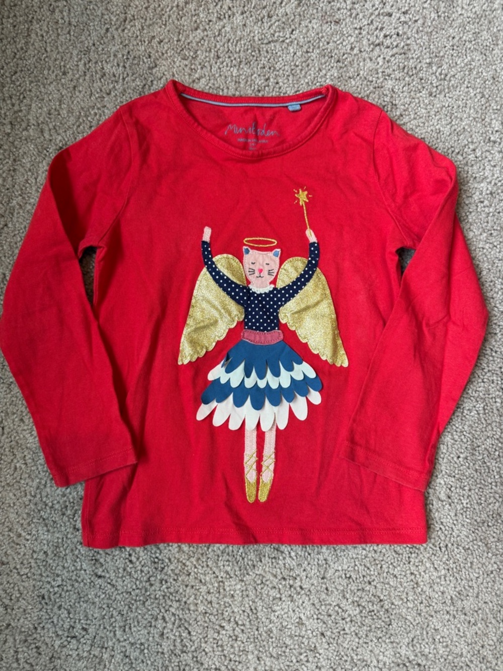 Mini Boden Red Long-Sleeve Tee with Glitter Angel Motif
